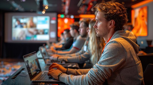 Photo a man is using a computer with the word  on it