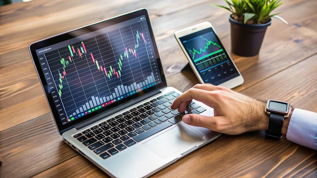 Photo a man is using a laptop and a tablet with the word graph on it