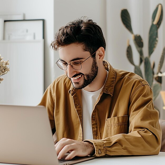 a man is using a laptop with a cactus in the background