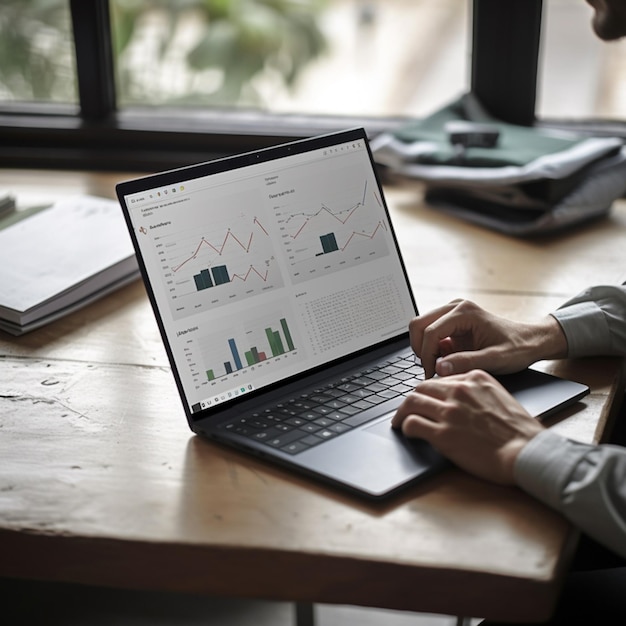 A man is using a laptop with a graph on the screen.