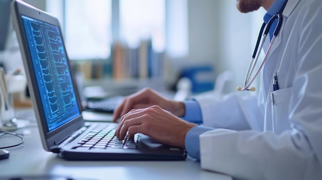 Photo a man is using a laptop with a lab coat on it