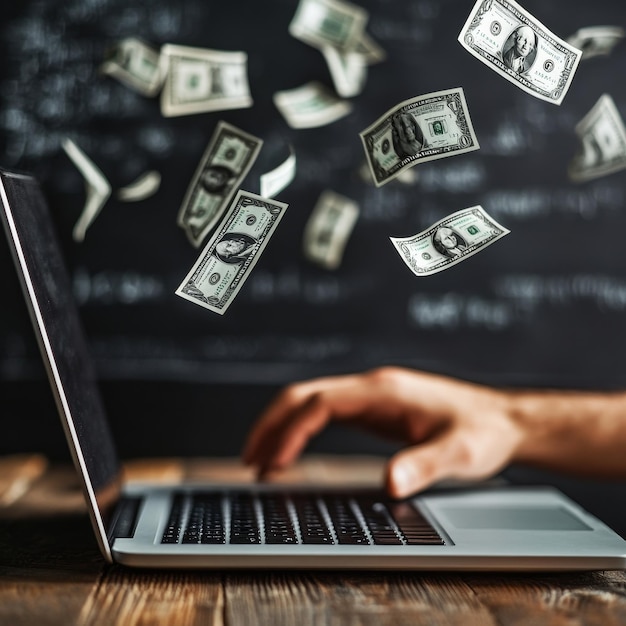 Photo a man is using a laptop with money falling from the laptop