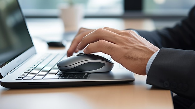 a man is using a laptop to work on his desk