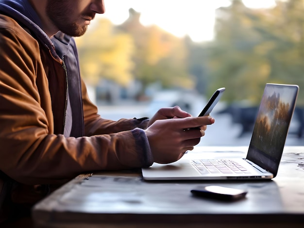 Photo a man is using a phone and a laptop with a sign that says the word on it