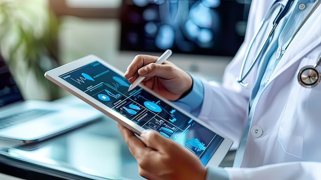 a man is using a tablet with a chart that says  medical data