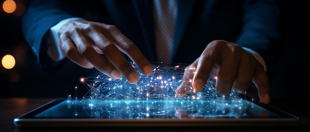 a man is using a tablet with a digital display in the middle of it