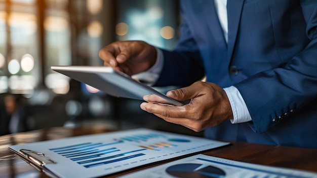 a man is using a tablet with a graph on it