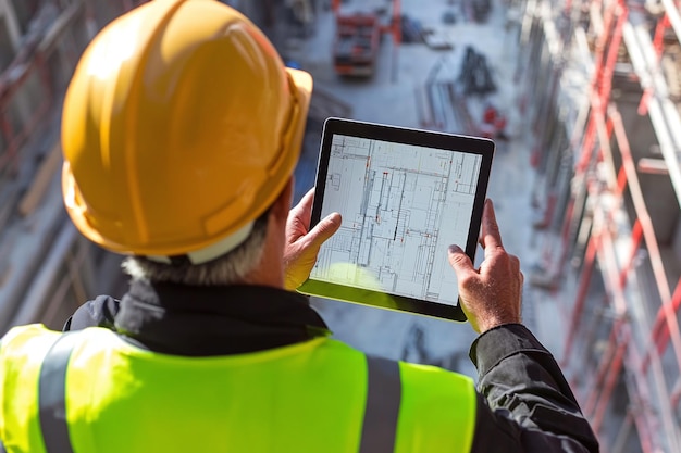 a man is using a tablet with a yellow vest on