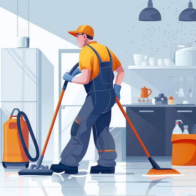 a man is using a vacuum cleaner in a kitchen