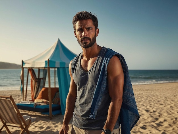 Photo a man is walking on the beach with a towel around his neck