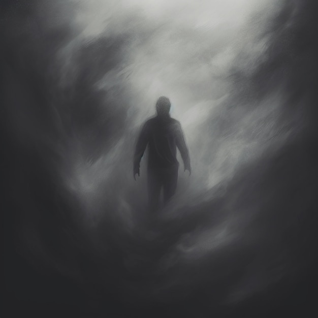 a man is walking in a dark ocean with a surfboard in the background