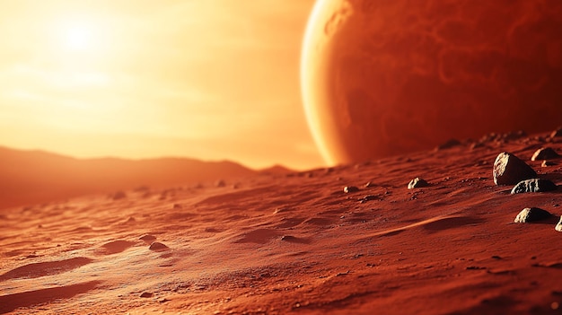 Photo a man is walking on a desert with a large orange planet in the background