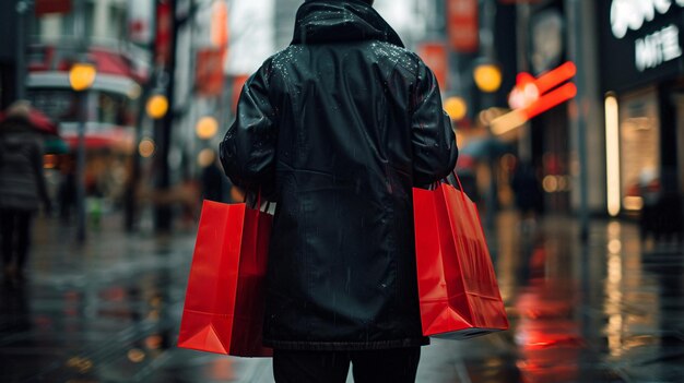 Man is walking down a busy city street on a rainy day carrying red shopping bags