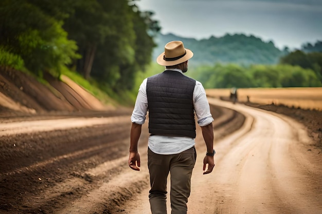 a man is walking down a dirt road with a hat on