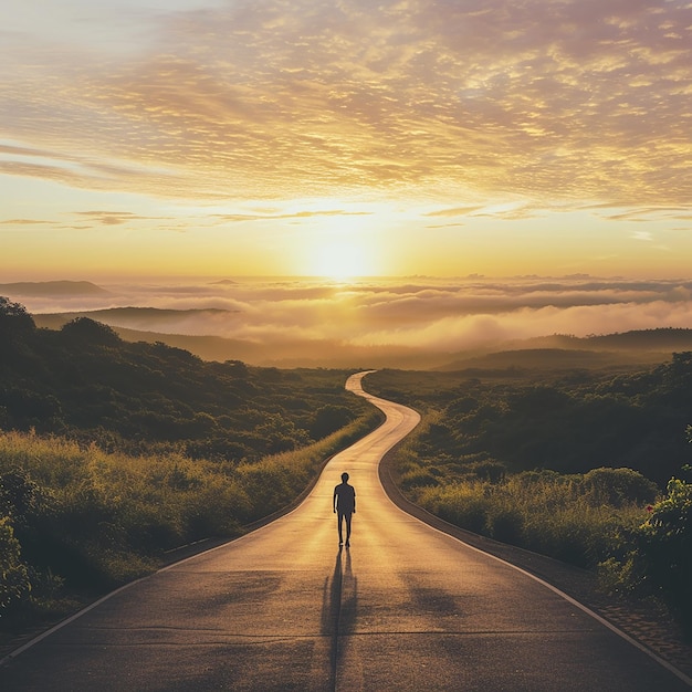 a man is walking down a long winding road at sunset