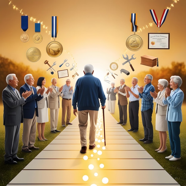 Photo a man is walking down a path with medals on it