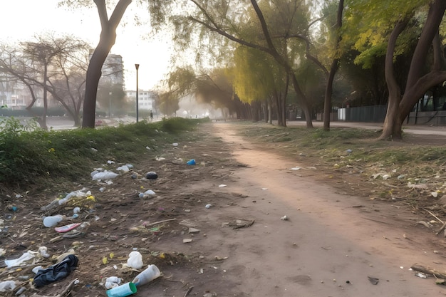 A man is walking down a path with trash on the ground and a trash can on the ground.