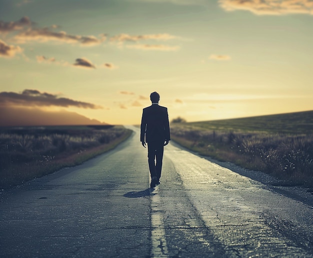 a man is walking down a road with a sunset in the background