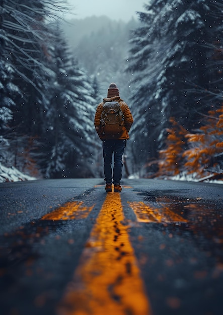 A man is walking down a road in the woods