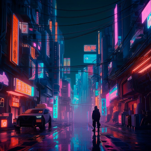 A man is walking down a street in a neon city.