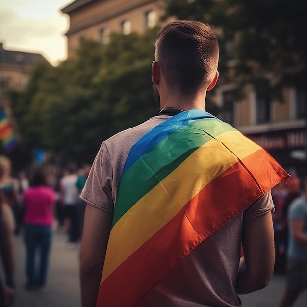 A man is walking down the street wearing a rainbow flag.