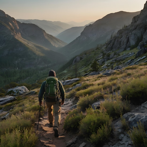 Photo a man is walking down a trail with a backpack on his back