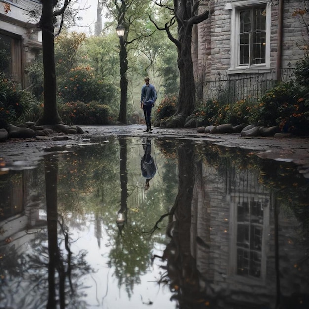 Photo a man is walking in a puddle of water with a reflection of a building in the water