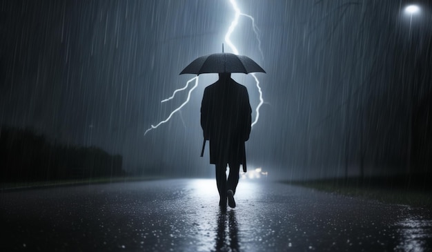 A man is walking in the rain with an umbrella