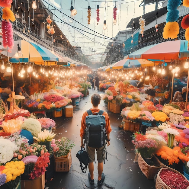 a man is walking through a flower market with a backpack on his back