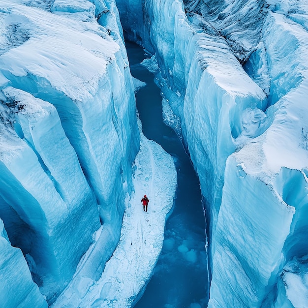 Photo a man is walking through a glacier with a red jacket on