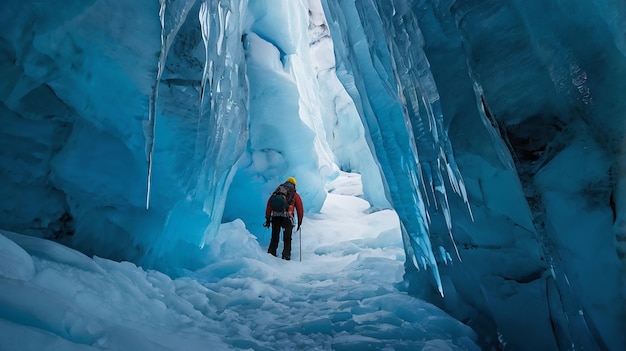 a man is walking through an ice cave with a man on skis