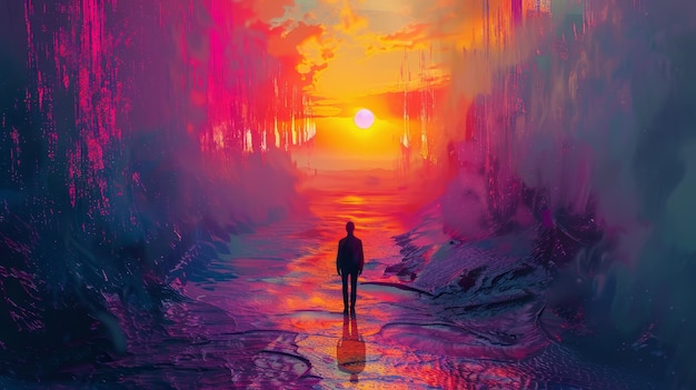 A man is walking through a tunnel with a sunset in the background The tunnel is filled with colorful