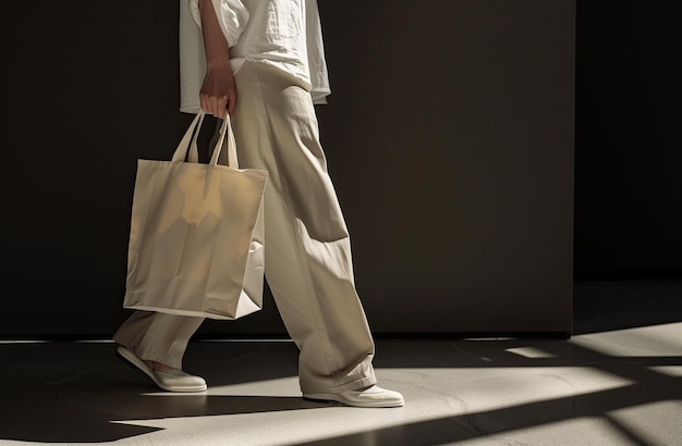 a man is walking with a bag that says  the word  on it