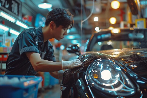 Photo a man is washing a car garage concept