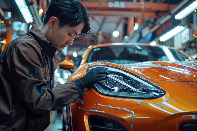 Photo a man is washing a car garage concept