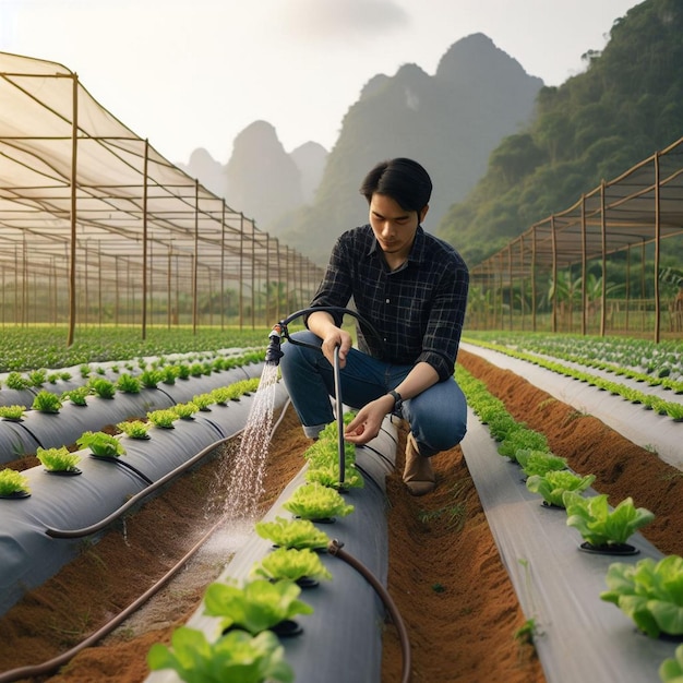 a man is watering plants in a greenhouse