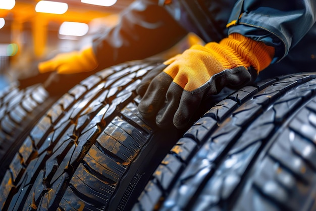 Photo a man is wearing gloves and is holding a tire