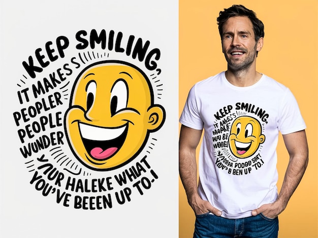 Photo a man is wearing a white shirt that says keep smiling and smiling