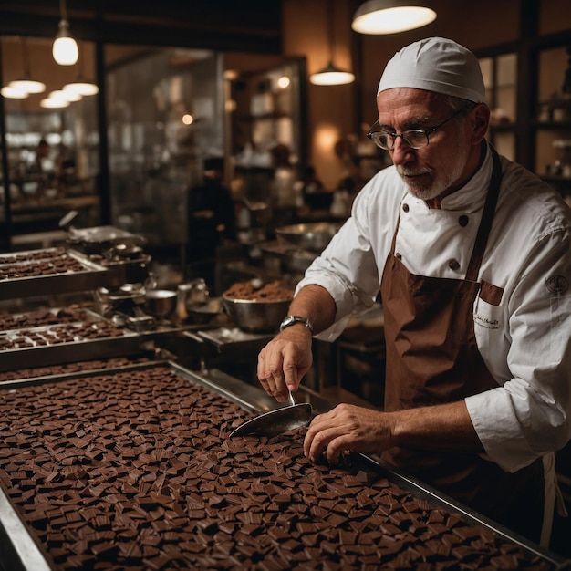 a man is working in a bakery with chocolates on it