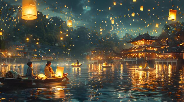 a man is working on a boat in the water with lanterns floating in the sky