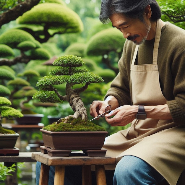 Photo a man is working on a bonsai tree in a garden