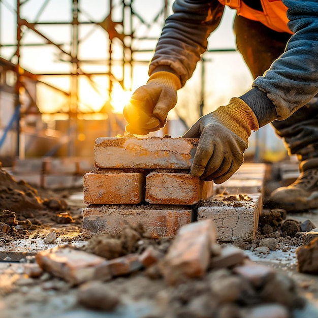 a man is working on a brick building with a construction worker