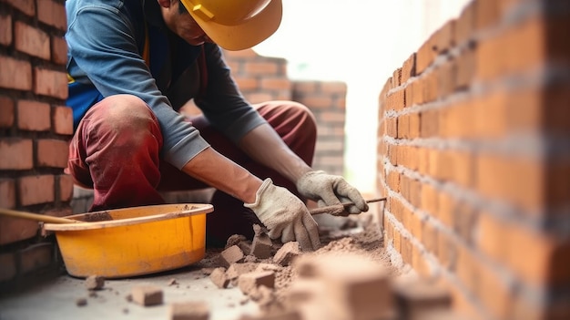 A man is working on a brick wall with a yellow helmet and yellow gloves.