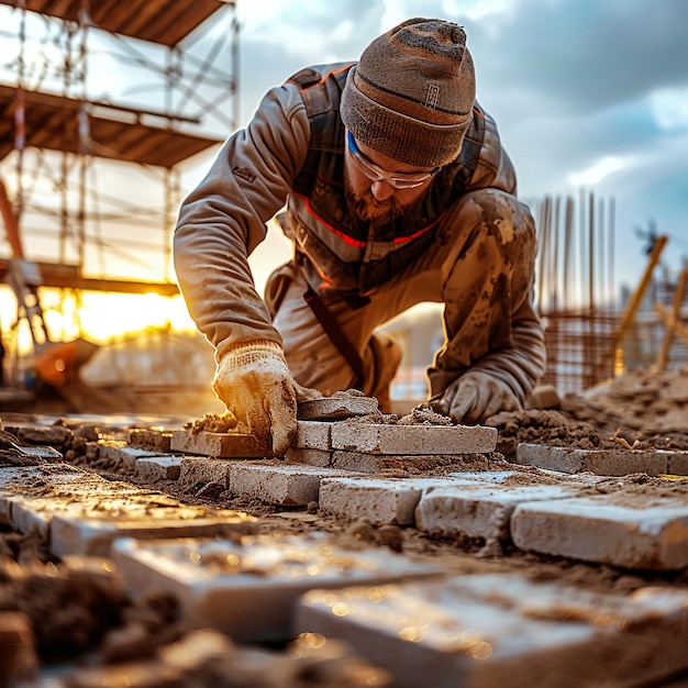 a man is working on bricks with a man working on it