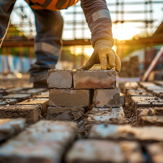 a man is working on bricks with a plastic glove on