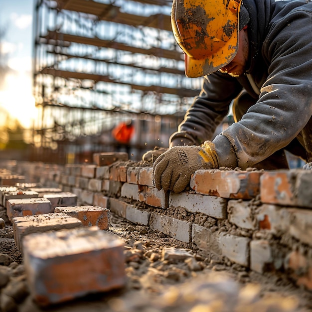 a man is working on bricks with a yellow hat on