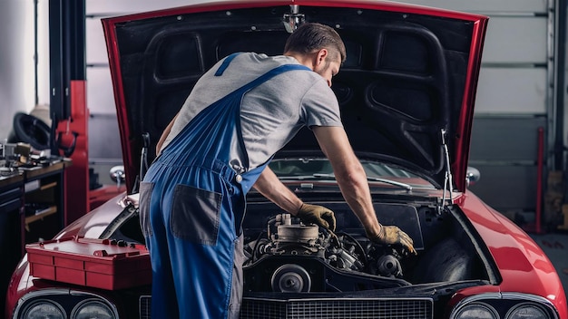 a man is working on a car with the hood open