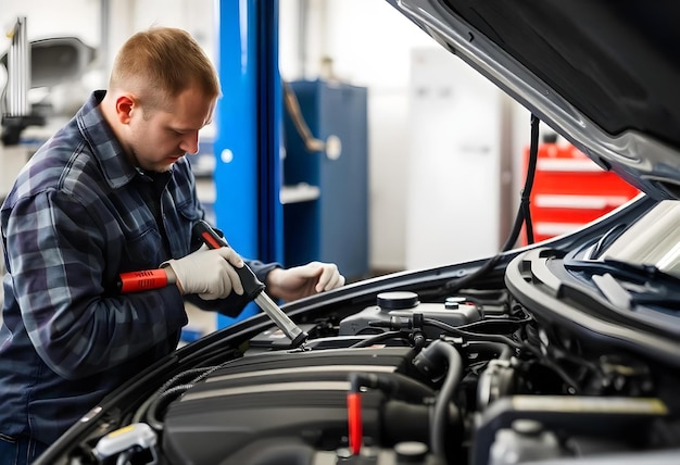 Photo a man is working on a car with a wrench