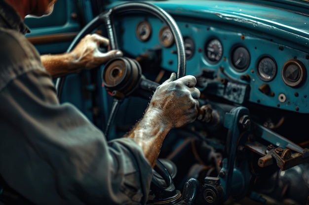 A man is working on a cars steering wheel