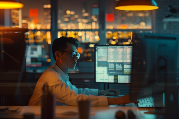 a man is working on a computer in a dark room